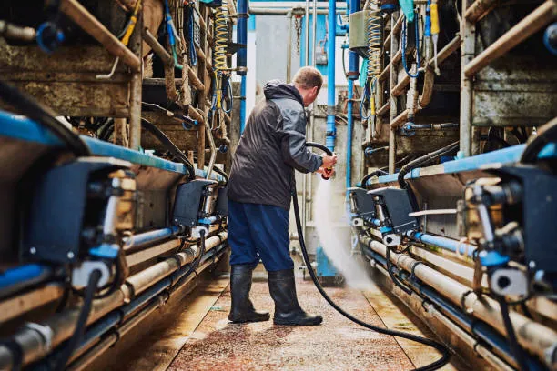 Limpieza industrial; hombre echando agua con una manguera